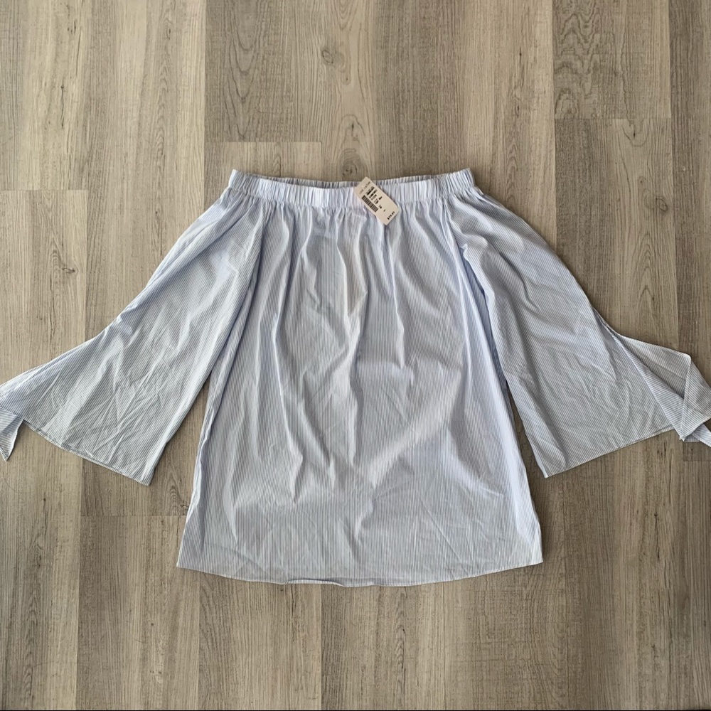 Off the shoulder blue and white striped blouse